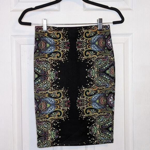 Rue21 Black Paisley Boho Floral Print Pencil Skirt S - Picture 1 of 10